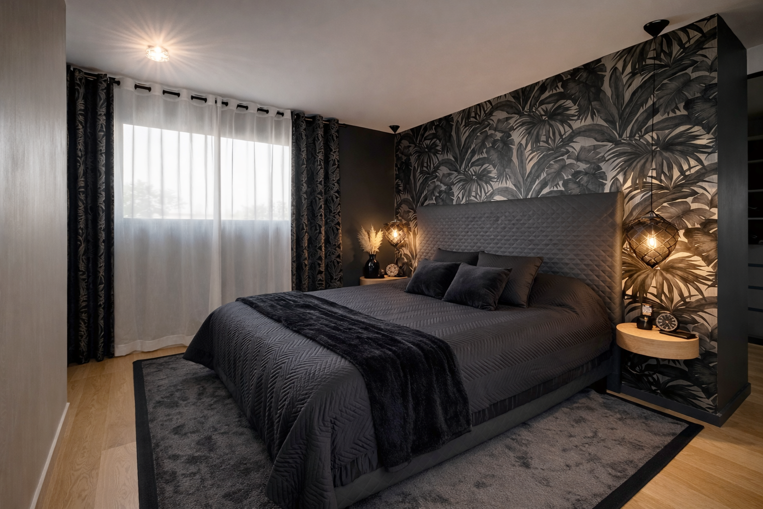 Chambre parentale noire et or style luxe contemporain à Angers
